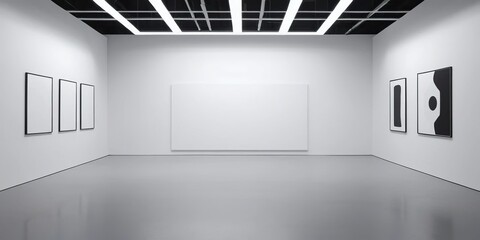 Minimalist modern art gallery interior with white walls, blank canvases, and abstract framed art