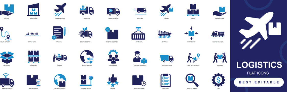 Logistics icon set featuring delivery, shipping, cargo, warehouse, supply chain, transportation, tracking, and freight icons for business and apps.