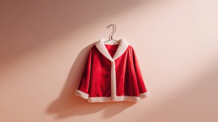Festive red Santa Claus cape hanging on a wall with soft lighting