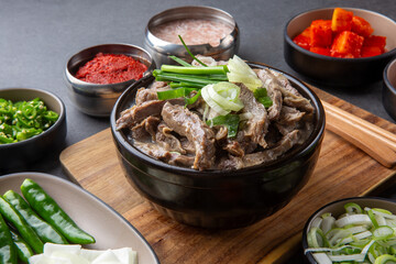 Korean traditional food, sundaeguk and side dishes 한국의 전통음식인 순대국과 반찬들