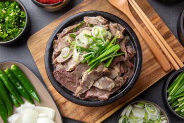 Korean traditional food, sundaeguk and side dishes 한국의 전통음식인 순대국과 반찬들