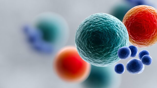 Colorful microscopic view of various cells, showcasing intricate details and textures, representing biological diversity and complexity in a scientific context with vibrant hues and shapes