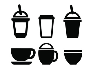 Coffee cup icon set isolated on featuring various styles of coffee cups and mugs, ideal for representing coffee shops, cafes, or coffeerelated content in designs