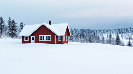 Scandinavian style house with a snow covered roof standing isolated in a vast white winter landscape with copy space