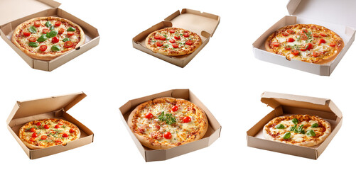 Sets of margarita pizza in pizza box isolated.