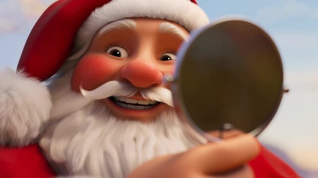 Santa Claus checking his own teeth in a mirror after cleaning. A relatable and self-aware health consciousness scene.