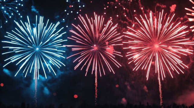 Bright blue and red fireworks bursts illuminating the dark night sky, forming the colors of the French flag. National celebration