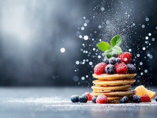 A delicious stack of golden pancakes is adorned with vibrant raspberries, blueberries, and a sprig of mint, lightly dusted with powdered sugar.