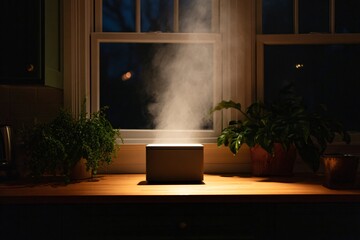 A sleek electric composter sits on a countertop, producing steam while processing organic waste