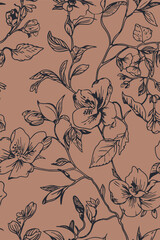 Stylish seamless floral pattern in terracotta tones featuring hand-drawn line art flowers and leaves. Ideal for textiles, fashion prints, home décor, stationery, packaging, digital backgrounds.