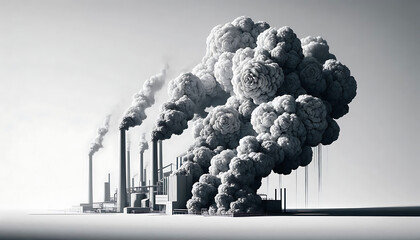 Large factory releasing smoke that transforms into delicate soot shaped flowers rising through the sky, industrial pollution concept