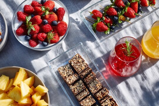 Guests enjoy a vibrant breakfast buffet with fresh fruits and snacks