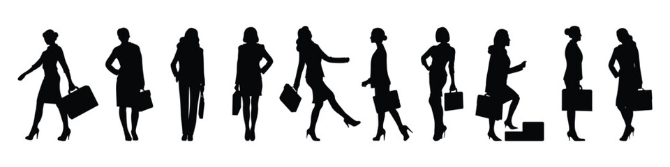 Silhouette Set of Confident Businesswoman Walking with Briefcase. Professional Corporate Worker Silhouette Vector Illustration.