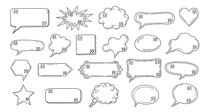 Collection of hand drawn speech bubbles and quote boxes for text and dialogue