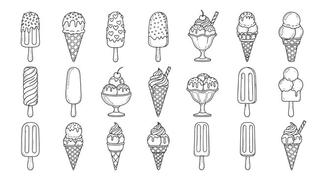 Collection of hand drawn ice cream and popsicle illustrations in black and white outline style