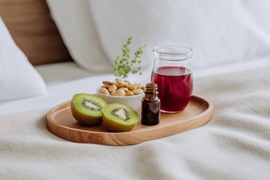 Bedtime snack tray with kiwi, herbal drink, and essential oil