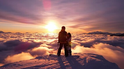 Silhouetted snowboarder gazes at sunset above a sea of clouds, tranquil moment of reflection atop snowy peak, winter adventure evokes freedom and serenity - Powered by Adobe