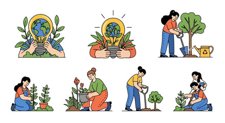 Eco-friendly lifestyle vector illustrations showing people actively planting trees, gardening, and contributing to environmental protection for a sustainable future