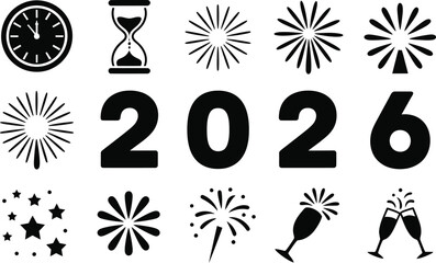 Black and white new year icons with clock, hourglass, fireworks, stars, and champagne for year two thousand twenty six