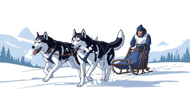 A person in warm clothing driving a dog sled pulled by two huskies through a snowy landscape.