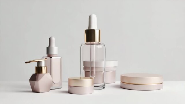 Elegant cosmetic products set with dropper bottle, pump, and jars on white