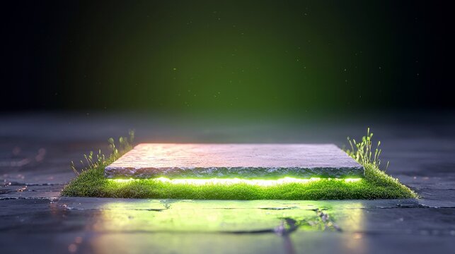 A square stone platform with lush green grass and glowing neon green light sits on a dark, wet, and reflective surface.