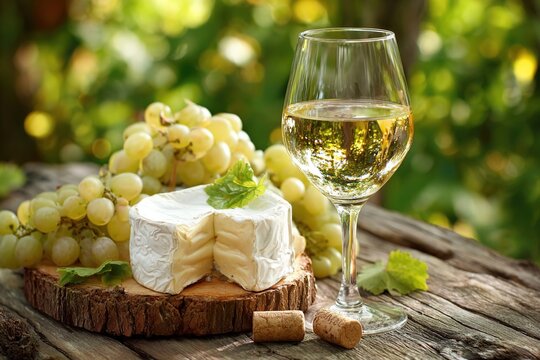 Fresh cheese wheel accompanied by green grapes and a glass of white wine on rustic wooden table, creating a delightful gourmet experience in a natural setting