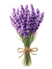 Fototapeta premium A watercolor illustration of a bunch of lavender, tied with a rustic jute bow or string. Isolated on a white background. Perfect for farmhouse decor, rustic, or aromatherapy themes.