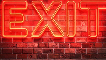 Striking red neon 'EXIT' sign brightly illuminating a rugged brick wall, serving as a prominent directional marker for emergencies or designated passages