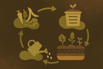 Sustainable gardening cycle illustrating growth through nurturing and replenishment featuring vegetables herbs and plants displayed in a minimalistic infographic style conveying ecological