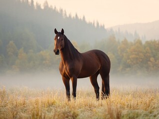 Majestic brown horse standing gracefully in a misty meadow at dawn