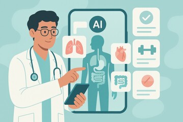 Innovative doctor utilizing artificial intelligence data analytics to assess patient wellness and promote digital health solutions emphasizing preventative medicine and personal health insights