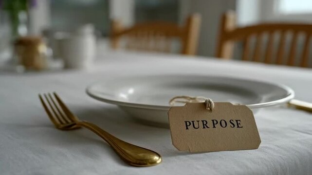 Elegant table setting with a purpose tag, minimalistic dining ambiance, thoughtful meal preparation theme