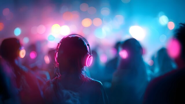 Silent disco event with attendees listen to music through wireless headphones People at a silent disco music event with glowing neon headsets night concert music festival silhouette celebration  - Powered by Adobe