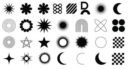 Collection of black abstract geometric shapes and celestial bodies on white vector