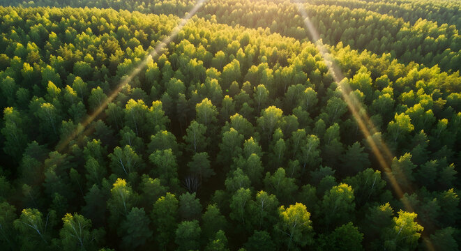 Sunbeams filtering through a dense forest canopy, highlighting the vibrant green of the trees from an aerial perspective