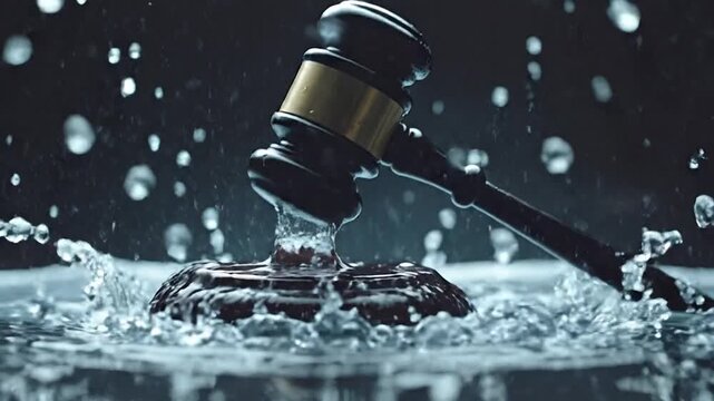 Justice Immersed A Gavel in Water, Symbolizing Legal Challenges and Flooding