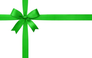 Green ribbon with bow isolated on white background.