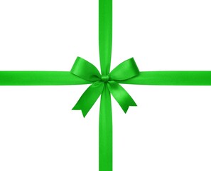 Green ribbon with bow isolated on white background.