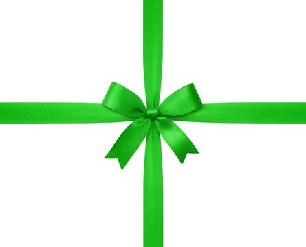 Green ribbon with bow isolated on white background.