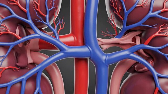 Detailed 3D animation of human kidneys with arteries and veins showcases vital organ structure and function for medical education