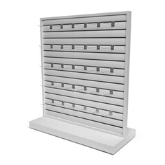 Slatwall retail display filled with multiple hooks. Merchandise boxes arranged neatly on peg hooks. Empty Product Display, POS. Supermarket Promotional Display. PDQ Display. 3D Render Illustration.