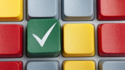 A close-up of a green checkmark key among colorful buttons, symbolizing approval and completion, Ideal for use in materials related to tasks, decisions, or success,