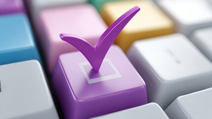 A close-up of a purple checkmark on a keyboard's key, symbolizing approval and task completion, Ideal for articles on productivity, tech, or user interfaces,