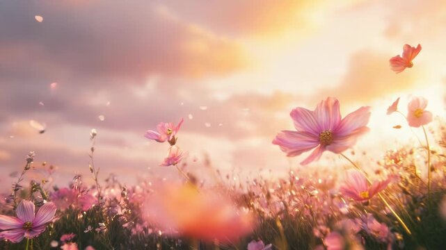 Video A colorful scene of a field filled with pink flowers and fluttering butterflies