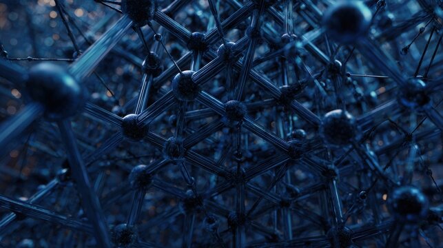 Abstract representation of molecular structures showcasing interconnected atoms in a deep blue hue, suitable for scientific publications, technology graphics, or educational materials, - Powered by Adobe