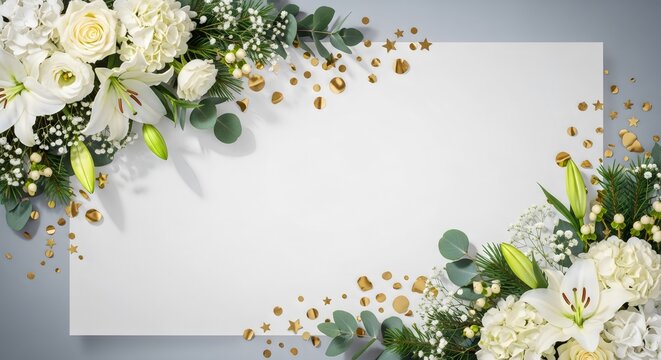 Elegant white floral arrangement with gold confetti and a blank space for text, perfect for invitations and celebrations.