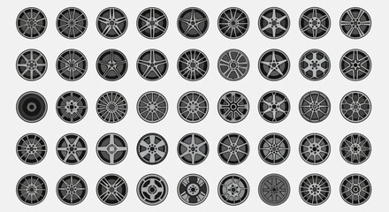 Image shows a collection of varied monochrome car wheel rims arranged in a gridlike pattern against a plain background