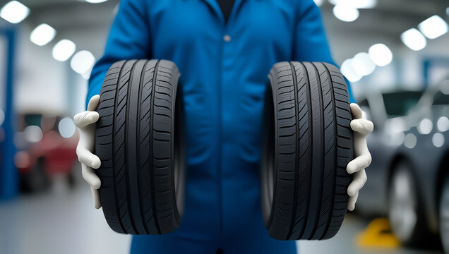 Professional mechanic in blue uniform and white gloves holding two new car tires, garage, auto repair shop, cars - automotive service, tire replacement, repair in workshop concept