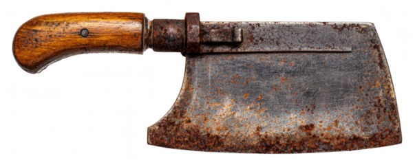 Old rust-covered cleaver blade with wooden handle, isolated on transparent background, antique tool or weapon, realistic texture